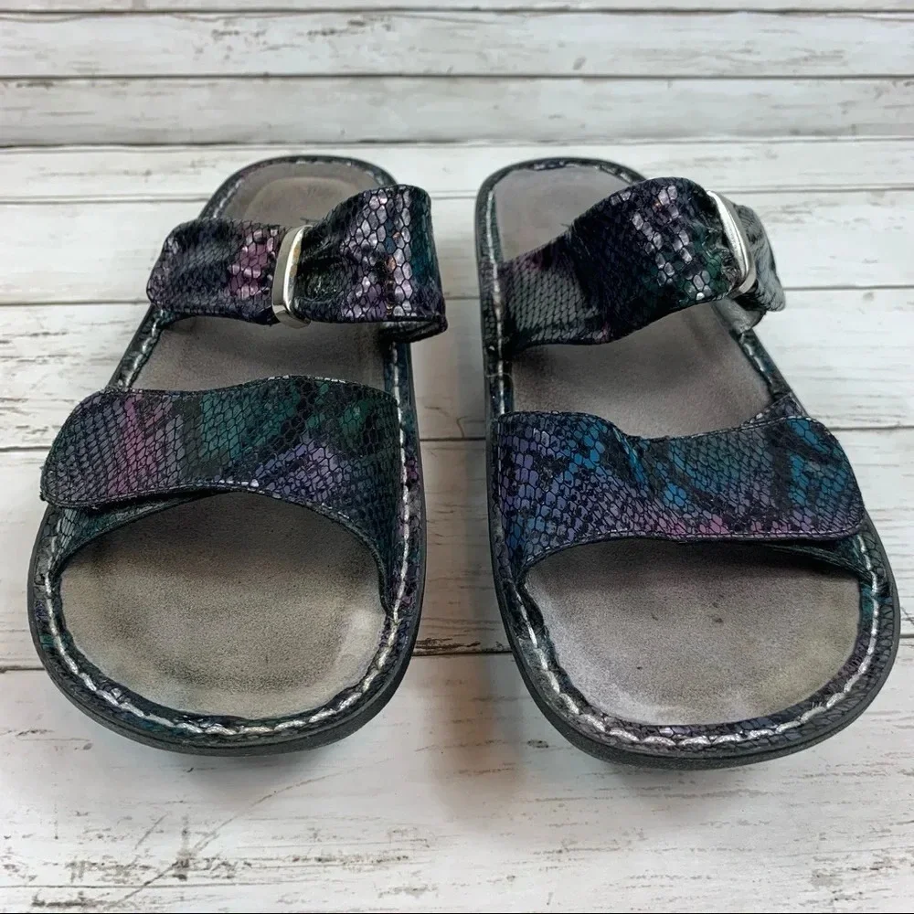 Alegria Karmen Black/Purple Snake Print Metallic platform Slide